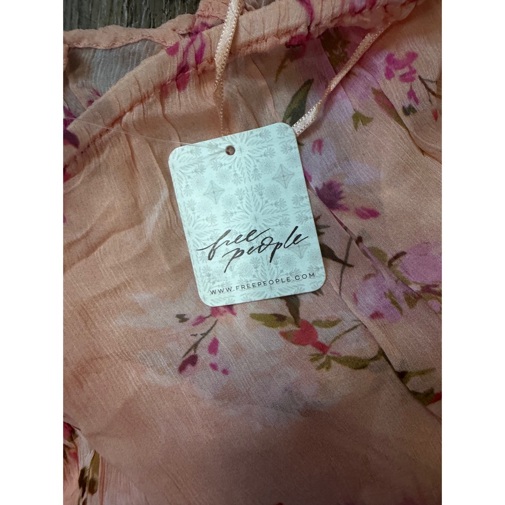 Free People Floral Peasant Puff Sleeve Mini Dress Peach Combo NWT Size M - Picture 4 of 10